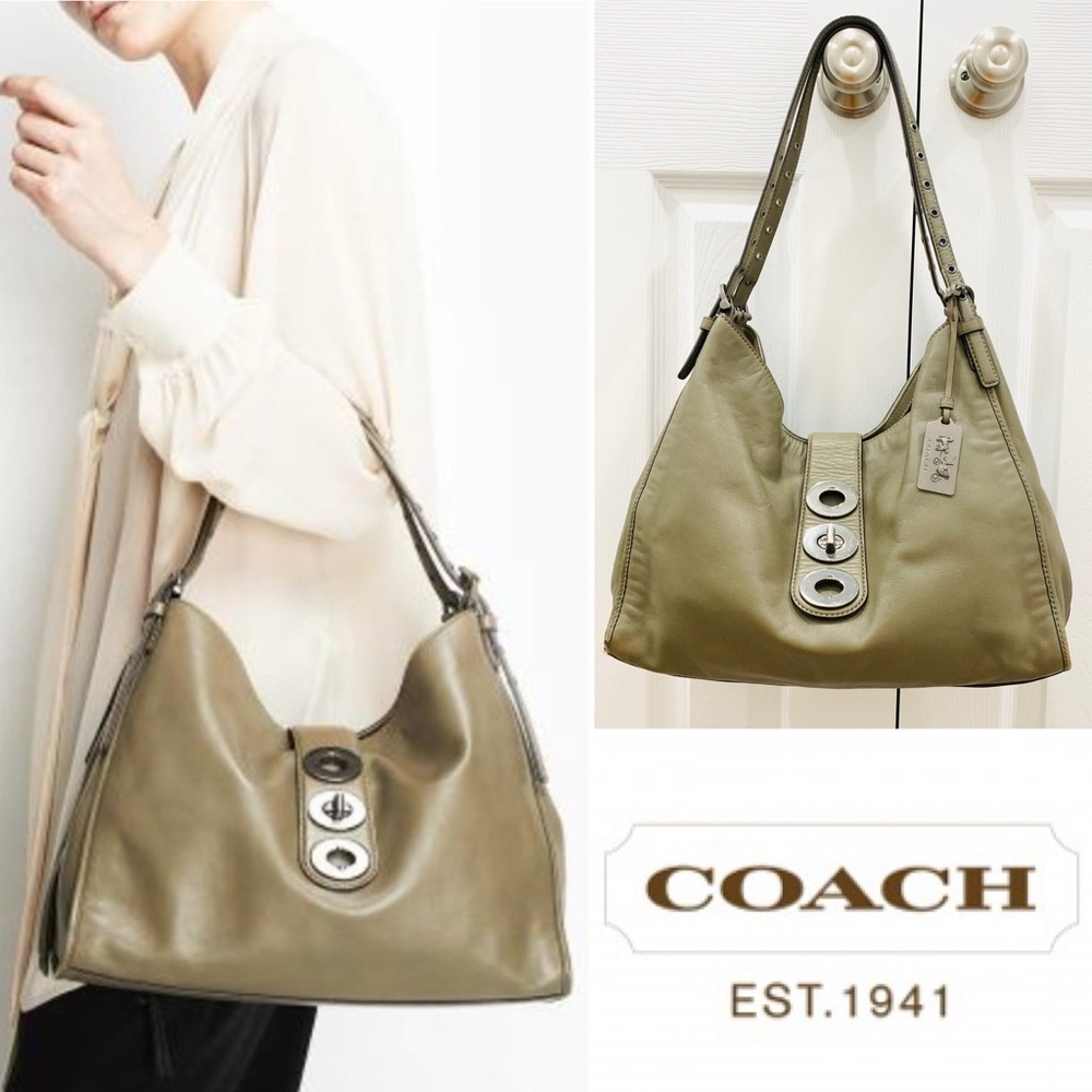 COACH✨Triple Turnlock Madison Carlyle Olive Green Leather Carryall